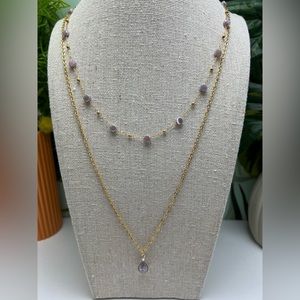 Lila & Gold Elegant Teardrop Pendant Layered Necklace, Flirty Delicate Necklace